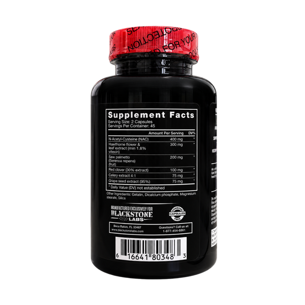 Black supplement bottle with a red security cap, showing the Supplement Facts label on a white background.