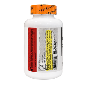 Blackstone Labs GlycoLog warnings and directions on the supplement bottle on a white background.