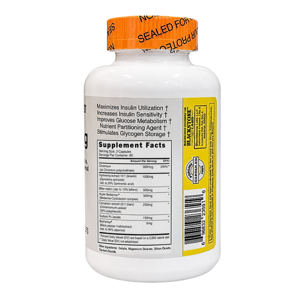 Blackstone Labs GlycoLog supplement facts on the bottle on a white background.