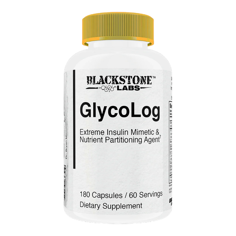 Blackstone Labs GlycoLog supplement bottle on a white background.