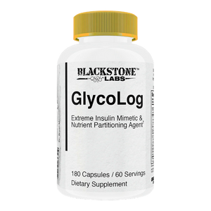 Blackstone Labs GlycoLog supplement bottle on a white background.