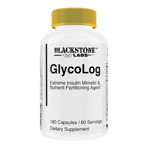 Blackstone Labs GlycoLog supplement bottle on a white background.