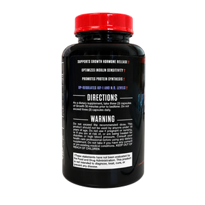 A black supplement bottle with a red cap, showing the back label with text including 'DIRECTIONS' and 'WARNING'.