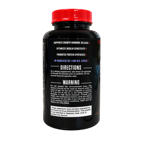 A black supplement bottle with a red cap, showing the back label with text including 'DIRECTIONS' and 'WARNING'.