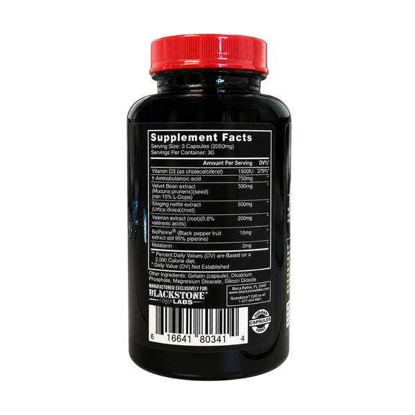 Black supplement bottle with a red cap showing the Supplement Facts label from Blackstone Labs on a white background.