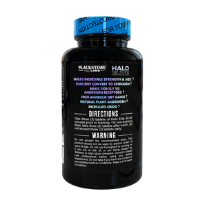 Blackstone Labs Halo Engine supplement bottle shown from the back, featuring a black label with white and blue text and a blue cap.