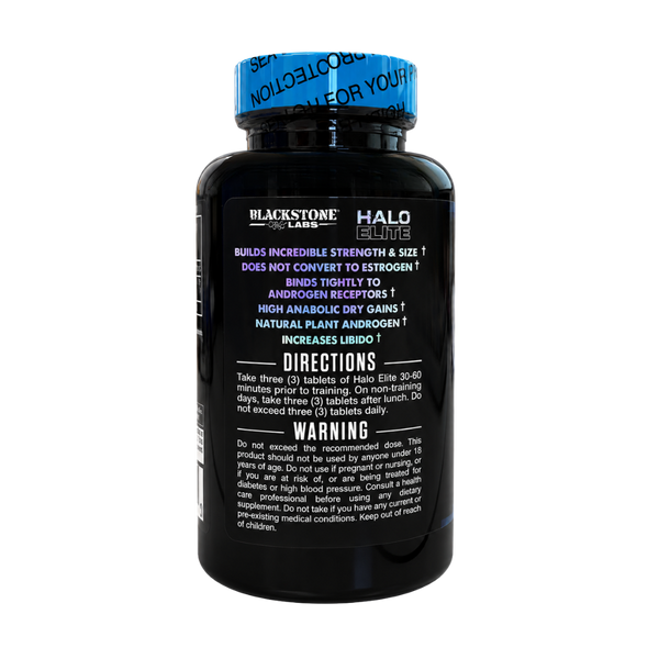 Blackstone Labs Halo Engine supplement bottle shown from the back, featuring a black label with white and blue text and a blue cap.