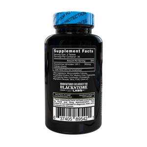 A black plastic bottle of Blackstone Labs Eucalyptus Urdiones 500 mg dietary supplement, showing the back label with supplement facts, a blue seal cap, and a barcode.