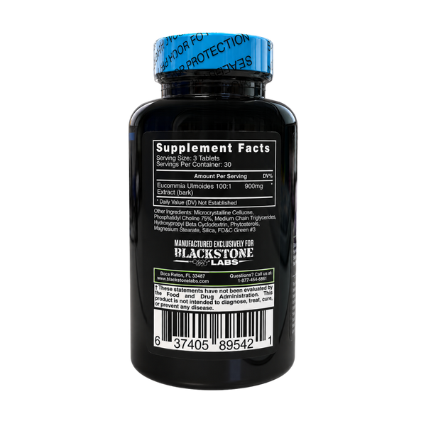A black plastic bottle of Blackstone Labs Eucalyptus Urdiones 500 mg dietary supplement, showing the back label with supplement facts, a blue seal cap, and a barcode.