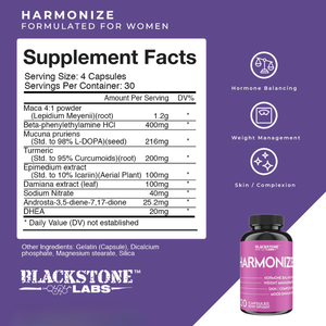 Blackstone Labs Harmonize supplement facts on a purple and white background