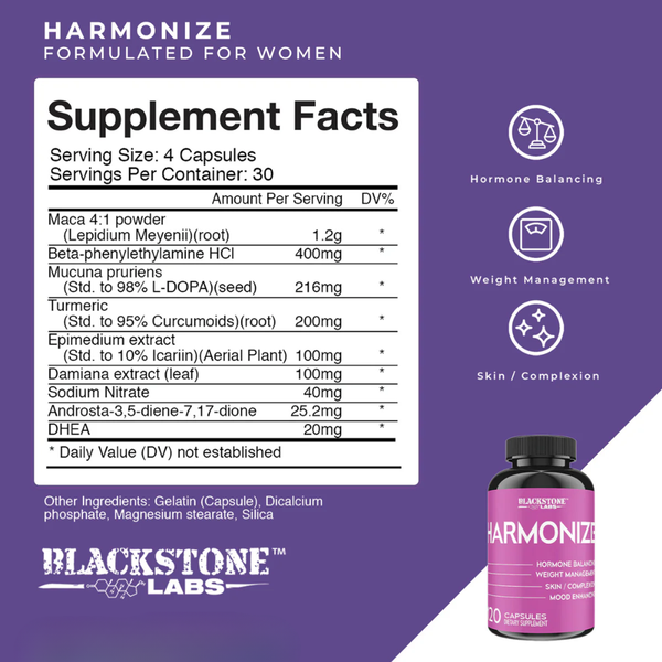 Blackstone Labs Harmonize supplement facts on a purple and white background