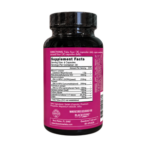 Black supplement bottle with a black cap showing the back label, featuring a bright pink section with Supplement Facts and Blackstone branding.