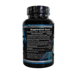 A black supplement bottle with a black ribbed cap, featuring a white 'Supplement Facts' label on a white background.