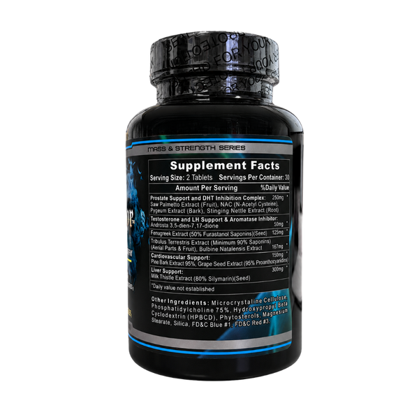 A black supplement bottle with a black ribbed cap, featuring a white 'Supplement Facts' label on a white background.