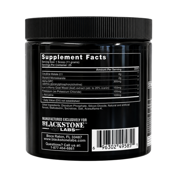 Blackstone Labs Hype Reloaded supplement facts listed on the container on a white background