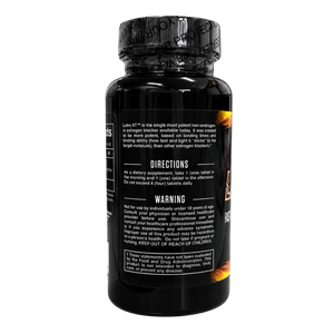 A black plastic bottle of dietary supplement capsules shown from the back, featuring a black cap with a textured pattern and a black label with white text detailing directions and warnings.