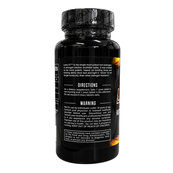 A black plastic bottle of dietary supplement capsules shown from the back, featuring a black cap with a textured pattern and a black label with white text detailing directions and warnings.