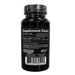A black supplement bottle with a black cap, featuring a white 'Supplement Facts' label on a plain white background. The label includes branding for Blackstone Labs and a barcode at the bottom.