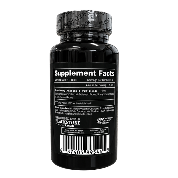 A black supplement bottle with a black cap, featuring a white 'Supplement Facts' label on a plain white background. The label includes branding for Blackstone Labs and a barcode at the bottom.
