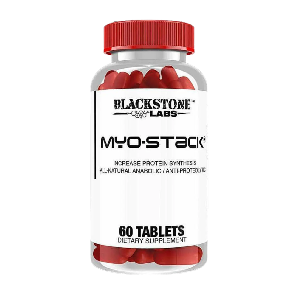 Blackstone Labs Myo-Stack 60 Tablets supplement bottle on a white background.