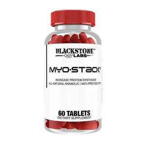 Blackstone Labs Myo-Stack 60 Tablets supplement bottle on a white background.