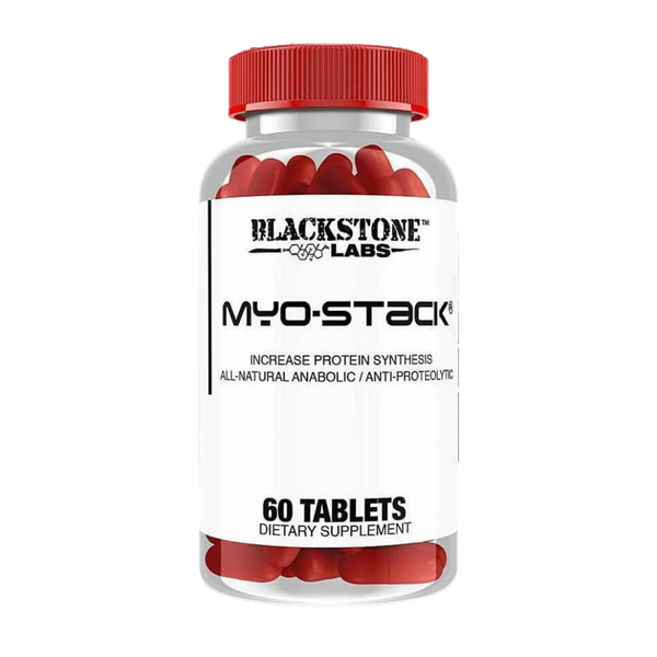 Blackstone Labs Myo-Stack 60 Tablets supplement bottle on a white background.