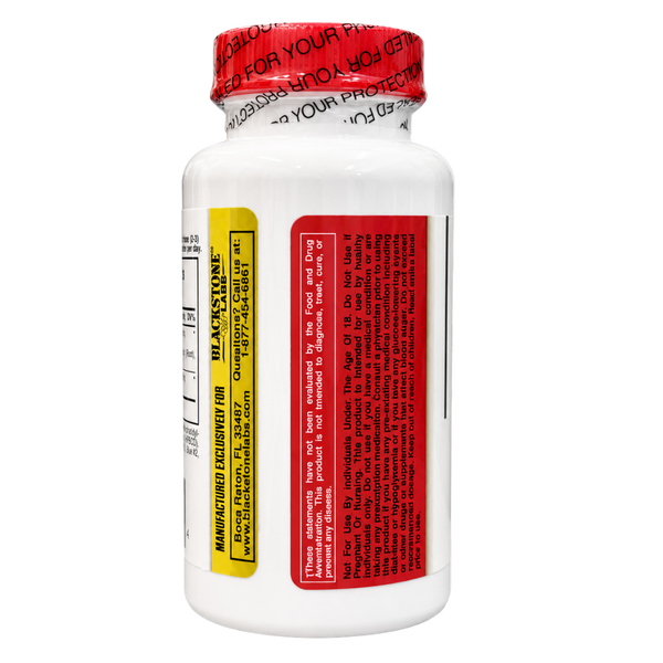 Blackstone Labs Myo-Stack warnings label on bottle on a white background.