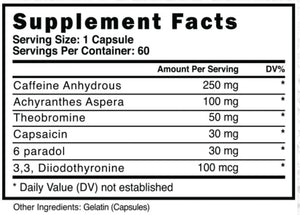 Supplement facts label for Blackstone Labs Paraburn with various ingredients and their amounts per serving.