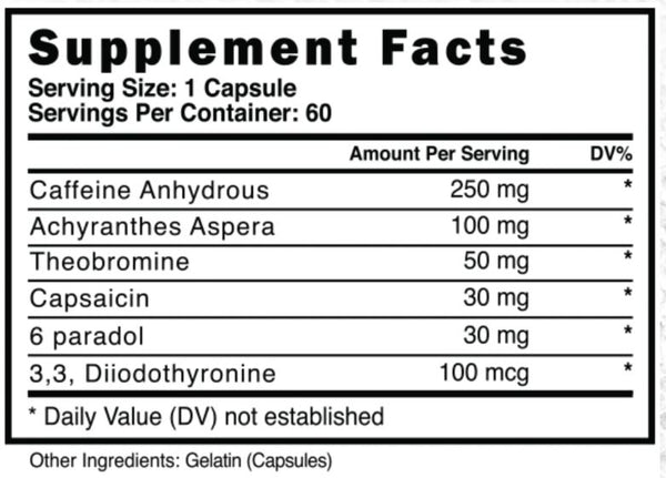 Supplement facts label for Blackstone Labs Paraburn with various ingredients and their amounts per serving.