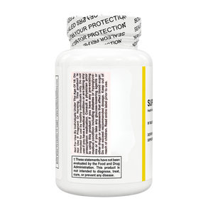 A white plastic supplement bottle with a white child-resistant seal on the cap, showing the back label with black text, a yellow vertical stripe, and a black warning box at the bottom.