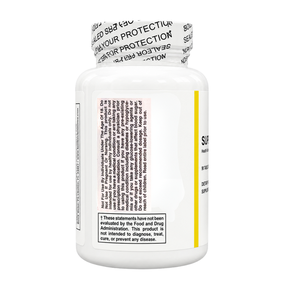 A white plastic supplement bottle with a white child-resistant seal on the cap, showing the back label with black text, a yellow vertical stripe, and a black warning box at the bottom.