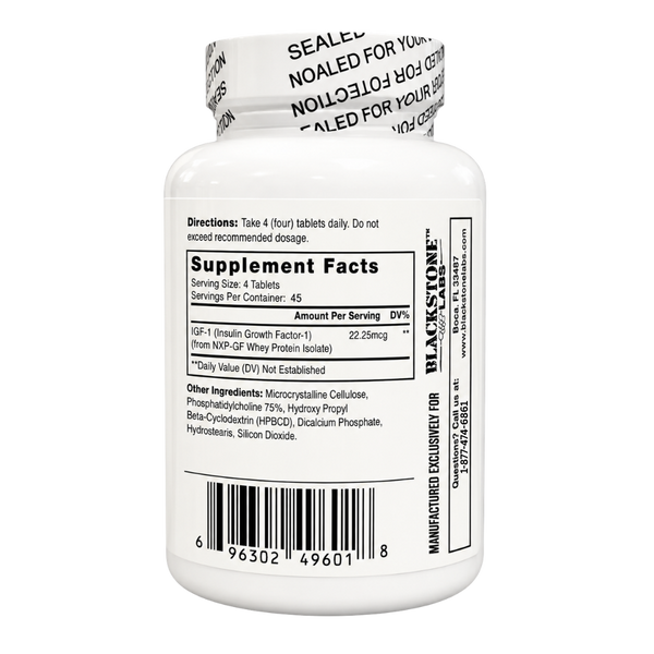 Blackstone Labs SST-1: IGF-1 supplement facts listed on the side of the bottle alongside directions on a white background.