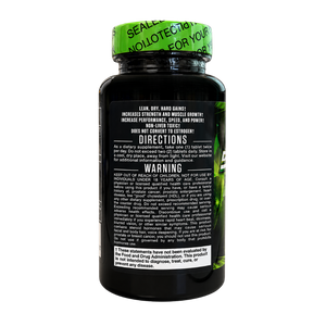 A black plastic bottle of dietary supplements shown from the back, featuring a bright green cap with white text and a black label with white text detailing directions and warnings.