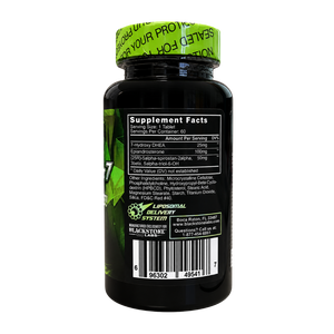 Black supplement bottle with a bright green seal and a large black label showing Supplement Facts, barcode, and Blackstone Labs branding.