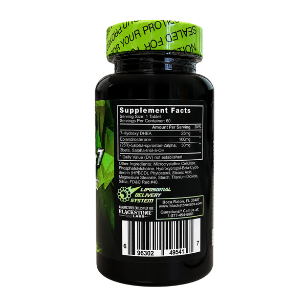 Black supplement bottle with a bright green seal and a large black label showing Supplement Facts, barcode, and Blackstone Labs branding.