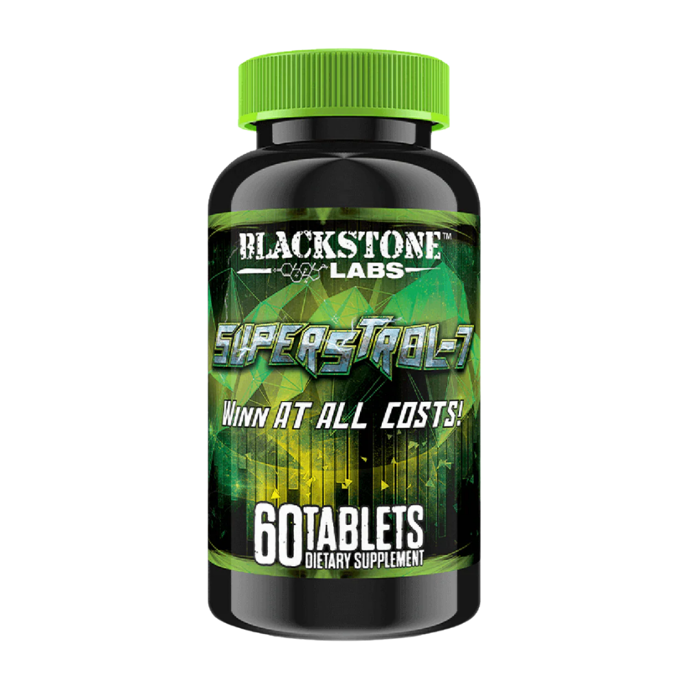 Supplement bottle labeled 'Blackstone Labs SuperStable' with green cap on a white background