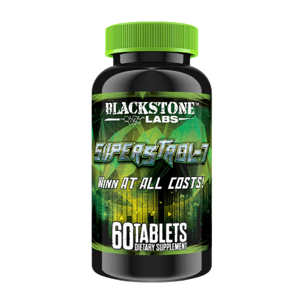 Supplement bottle labeled 'Blackstone Labs SuperStable' with green cap on a white background