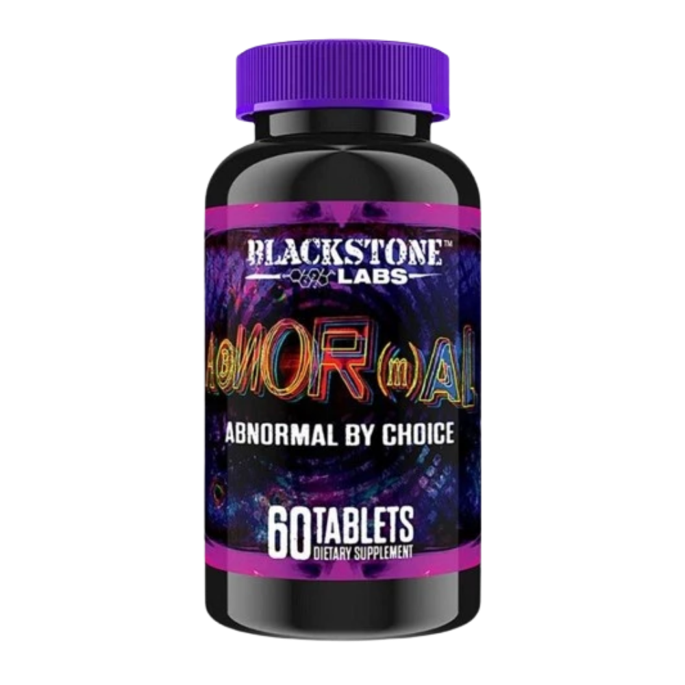 A bottle of Blackstone Labs 'AbNORmal' dietary supplement containing 60 tablets, featuring a black bottle with a purple cap and a colorful cosmic-themed label.
