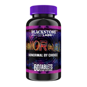 A bottle of Blackstone Labs 'AbNORmal' dietary supplement containing 60 tablets, featuring a black bottle with a purple cap and a colorful cosmic-themed label.