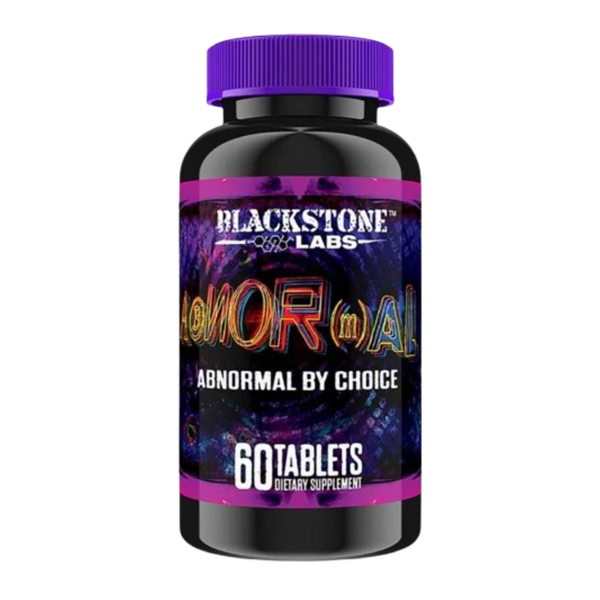 A bottle of Blackstone Labs 'AbNORmal' dietary supplement containing 60 tablets, featuring a black bottle with a purple cap and a colorful cosmic-themed label.