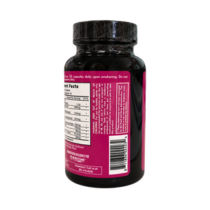 A black supplement bottle with a black cap, showing the back label with a white nutrition facts panel and a magenta background. The cap has a black seal with embossed text.