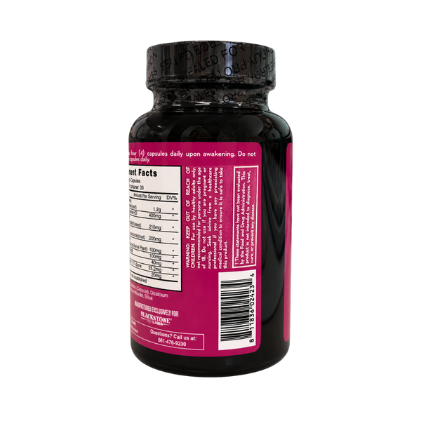 A black supplement bottle with a black cap, showing the back label with a white nutrition facts panel and a magenta background. The cap has a black seal with embossed text.