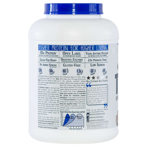 Protein powder container with blue and white label on a white background