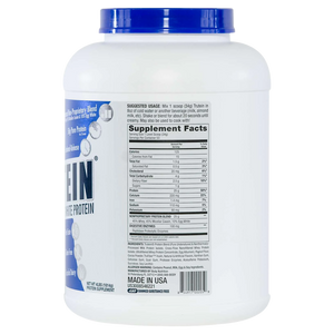 Protein powder container with label showing supplement facts on a white background