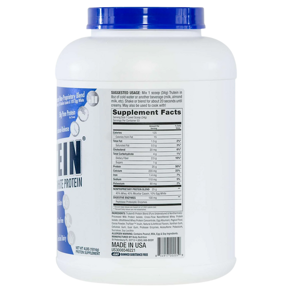 Protein powder container with label showing supplement facts on a white background