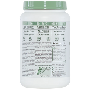 Protein powder container with label on a white background
