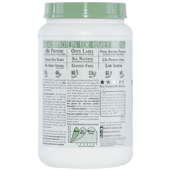 Protein powder container with label on a white background