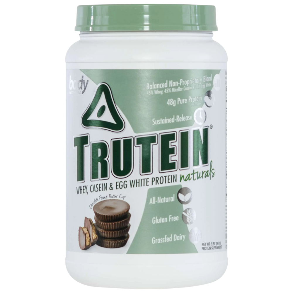 Trutein protein powder container with green lid on a white background