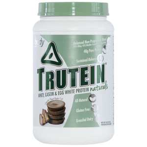 Trutein protein powder container with green and white design on a white background
