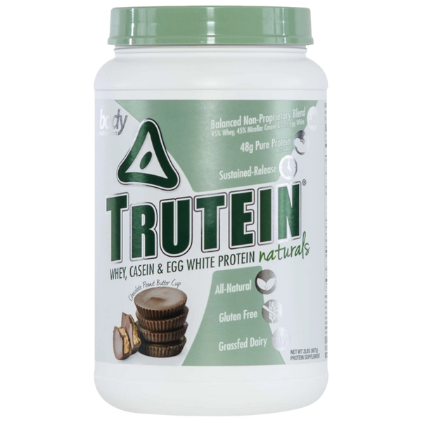 Trutein protein powder container with green and white design on a white background